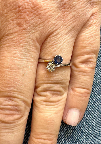 Bague 53 Bague Toi et Moi en or blanc 18 carats diamant et saphir 58 Facettes