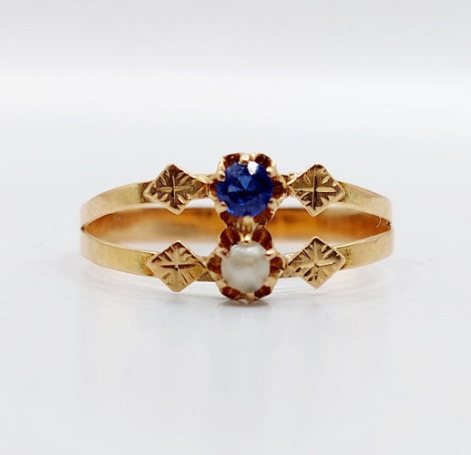 Bague 57 Bague toi et moi antique en or rose 18k perle et pierre bleue 58 Facettes A06504