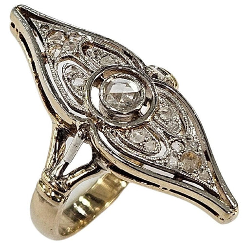 Bague 51 Bague navette Art déco diamants taille rose et hollandaise en or jaune et platine 58 Facettes E43