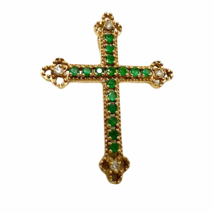 Pendentif croix contemporain en or avec diamants et émeraudes