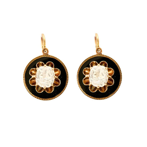 Boucles d'oreilles Paire de dormeuses Napoléon III Or Jaune Email Noir Pierres Blanches 58 Facettes GU97