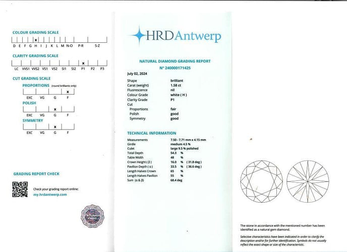 Bague solitaire or blanc diamant 1,58 carat 58 Facettes 26/6