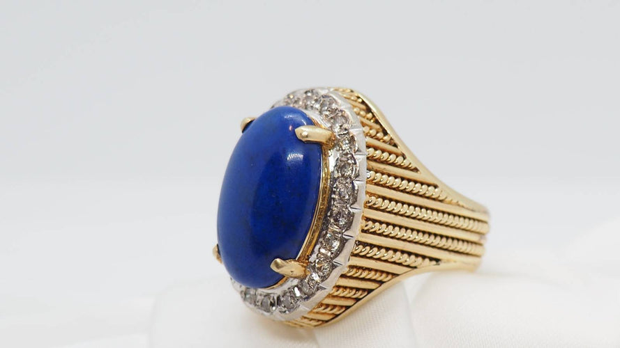 Bague 55.5 Bague vintage en or jaune, cabochon de Lapis Lazuli et diamants 58 Facettes 30305