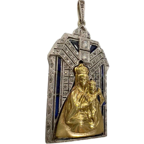 Pendentif PENDENTIF RELIGIEUX ART DÉCO en PLATINE et OR 18 KT avec DIAMANTS et SAPHIR 58 Facettes Q324B(967)