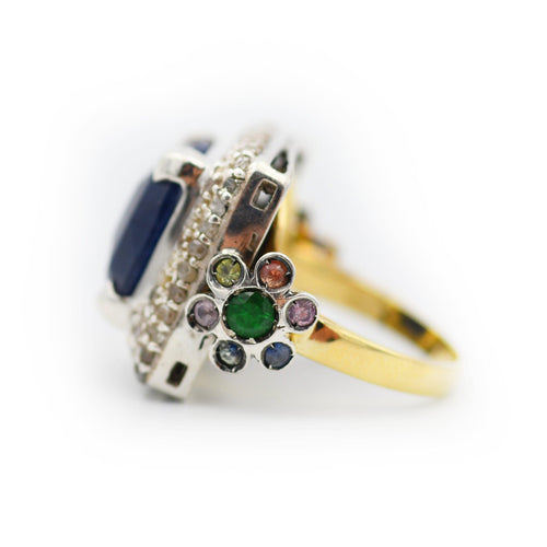 Bague Bague carrée en or 8 carats et argent avec lapis-lazuli et diamants en rosette de 0,80 carat 58 Facettes 22304