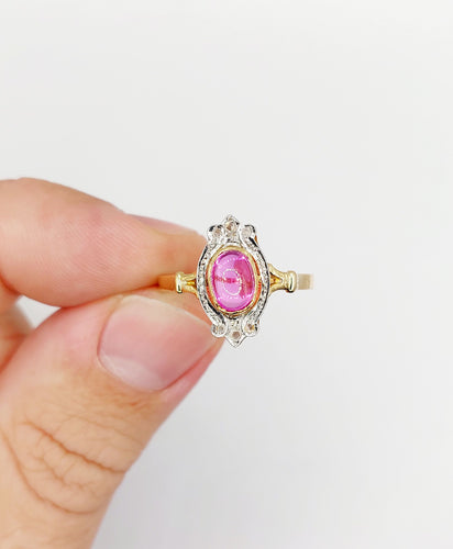 Bague marquise style Art Nouveau or jaune, cabochon de rubis synthétique et diamants taille rose 58 Facettes A05885