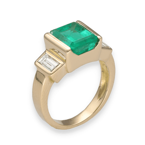 Bague 50-51 Bague en or jaune 18K avec emeraude de Colombie 2,88 cts et diamants baguette - Certificat Carat Gem Lab - Taille ajustable 58 Facettes FB09851