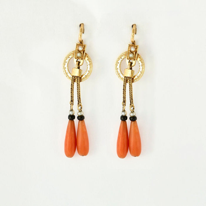 Boucles d'oreilles Boucles d'oreilles Napoléon III corail perles onyx 58 Facettes