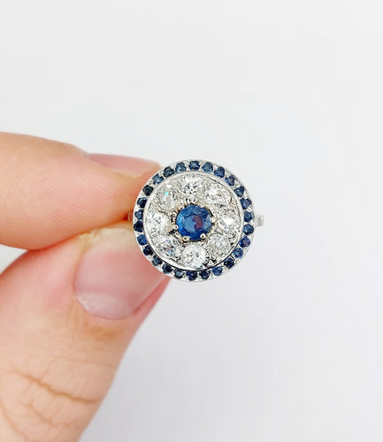 Bague 51 Bague cible art déco en platine, saphir et diamants taille ancienne 58 Facettes A06489