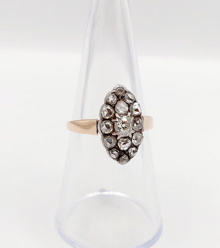 Bague 54 Bague marquise antique en or rose 18k et argent, diamant et diamants roses 58 Facettes A06417
