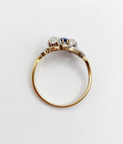 Bague 56 Bague antique diamants taille ancienne et saphir en or 18k et platine 58 Facettes A06535
