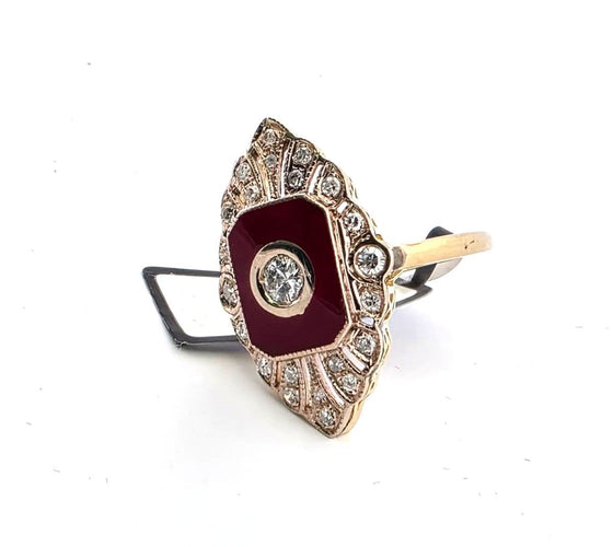 Bague 54 Bague en or jaune avec diamant central, diamants d'accompagnement et émail 58 Facettes