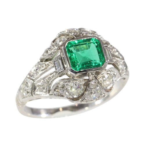 Bague 59 Verdant Vintage : Bague en émeraude colombienne et diamant taille ancienne de 1920 58 Facettes 16144-0061