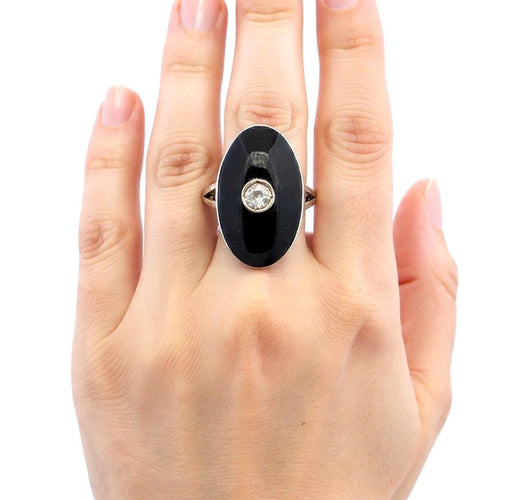 Bague 55 Bague en platine avec onyx et diamant central 58 Facettes