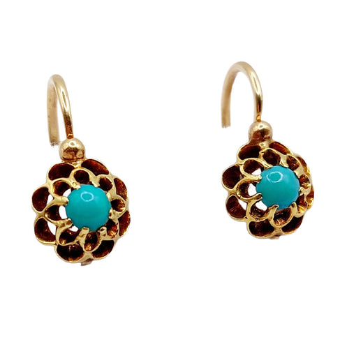 Boucles d'oreilles Dormeuses or jaune, cabochons de turquoises sur monture en fleur (circa 1900) 58 Facettes A05448