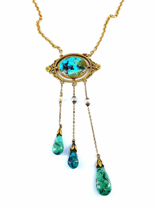 Collier Collier or jaune turquoises et perles fines, époque 1900 58 Facettes AB368