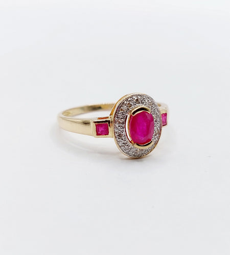 Bague 55 Bague pompadour vintage or jaune, rubis, diamants et de rubis carrés 58 Facettes A05077