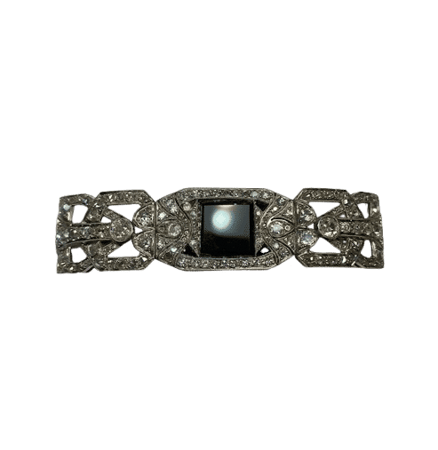 Broche art deco platine diamants onyx