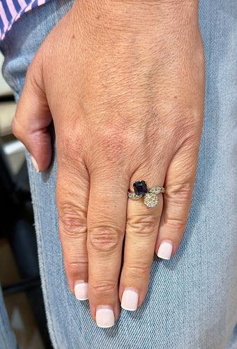 Bague 51 Bague ancienne Toi et Moi saphir de Siam et diamants 58 Facettes