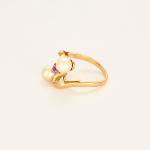 Bague 53 Bague Toi et Moi en or jaune et blanc, sertie d'un saphir rose et de perles de cultures 58 Facettes LP1155