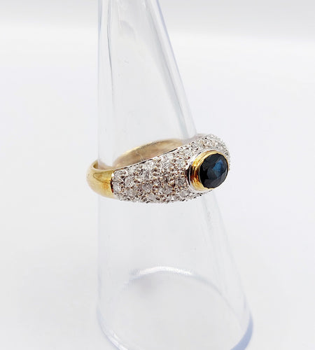 Bague jonc vintage or jaune 18k saphir naturel et pavé de diamant