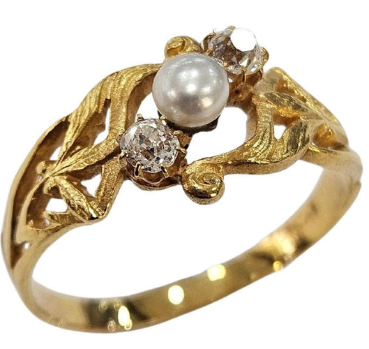 Bague Bague Art Nouveau diamants old mine et perle de culture en or jaune 18k 58 Facettes A834