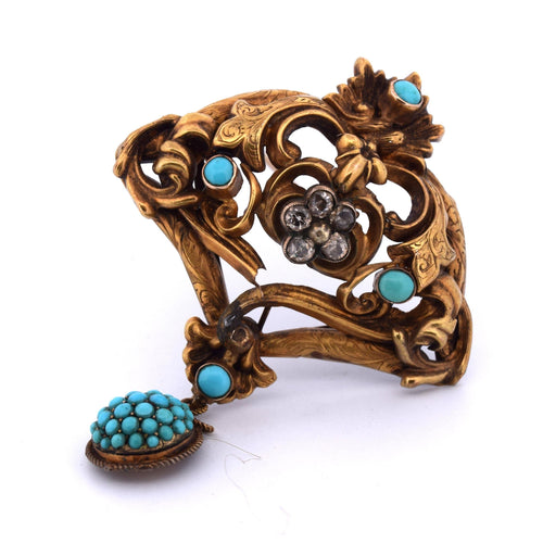Broche Broche victorienne en or jaune avec turquoise et diamants 58 Facettes