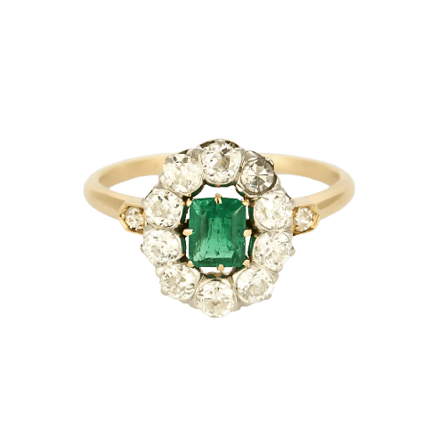 Bague 54 Marguerite en or jaune et blanc, émeraude et diamants 58 Facettes SBR1999X2