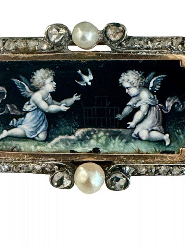 Broche Broche en Or et Argent émaillée d'Angelots 58 Facettes