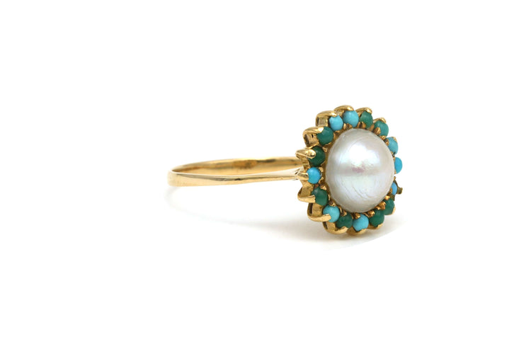 Bague 56 Bague Années 70 en or jaune 18 carats sertie d'une perle et de turquoises 58 Facettes 22091
