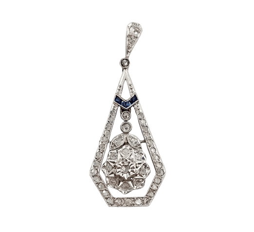 Pendentif fleur Art déco en or blanc 18k avec diamants taille roses et saphirs