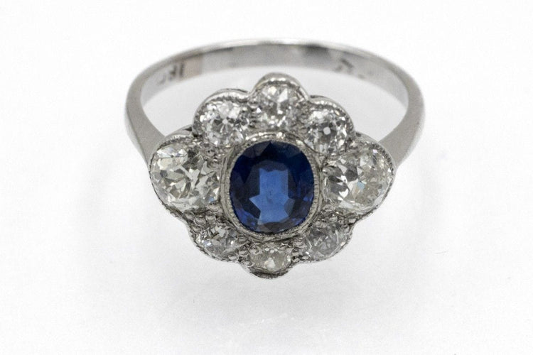 Bague ancienne saphir et diamants en or blanc 18k