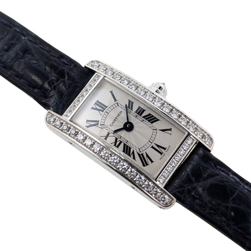 Montre Cartier RARE Cartier Mini Tank Americaine White Gold Bezel Factory Paved 47 diamonds Flinqué Guilloché Dial + 18k White Gold Buckle + Box 58 Facettes