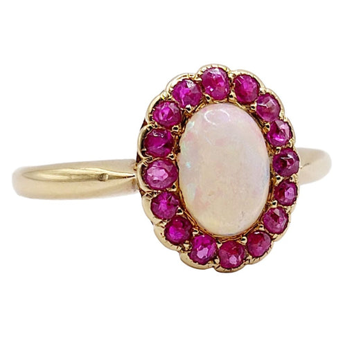 Bague 51 Bague marguerite antique or cabochon d'opale et rubis 58 Facettes A04407