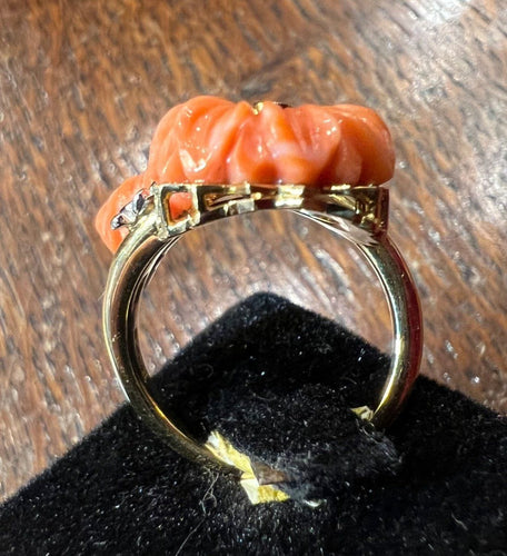 Bague 55 Bague or jaune, fleurs corail et brillants 58 Facettes 7245 A