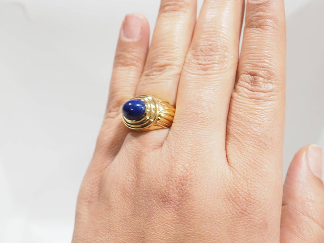 Bague 51.5 Bague godronnée en or jaune et cabochon Lapis Lazuli 58 Facettes 29996