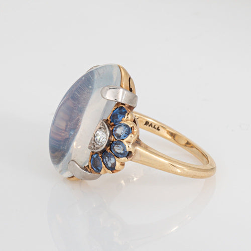 Bague Bague rétro vintage en or 14 carats palladium, pierre de lune, saphir et diamant, taille 6,25, années 1940 58 Facettes G14211
