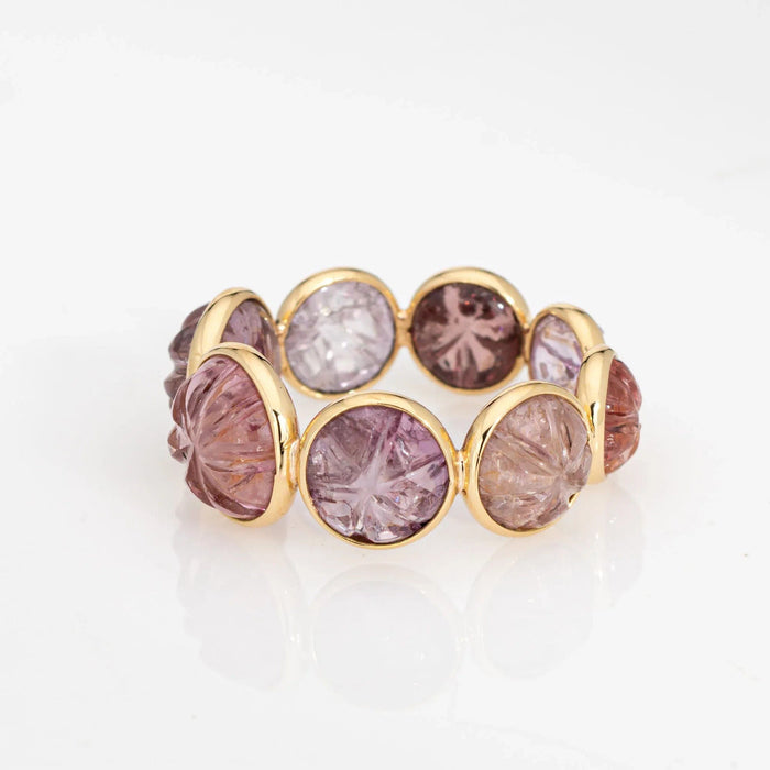 Bague 55.5 Carved Pink Spinel Eternity Ring Band Yellow Gold Flowers Jewelry 58 Facettes G13164