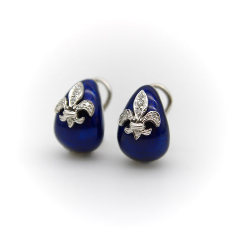 Boucles d'oreilles 18K White Gold Hidalgo Enamel Fleur-de-lis Diamond Earrings 58 Facettes