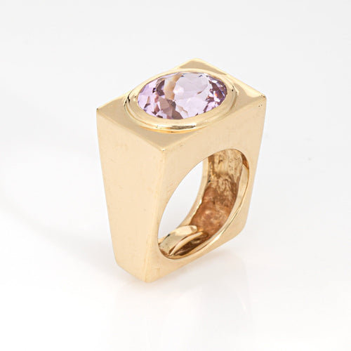 Bague 53 Bague carrée en kunzite des années 70, anneau lourd, vintage, or jaune 14 carats 58 Facettes G13895