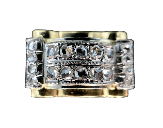 Bague Tank d'époque 1940/50 deux ors diamants
