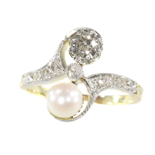 Bague 58 Belle Epoque diamond and pearl engagement ring model toi et moi 58 Facettes 20155-0500