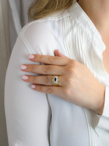 Bague 54.5 Bague godrons or jaune saphir ovale diamants 58 Facettes 1160