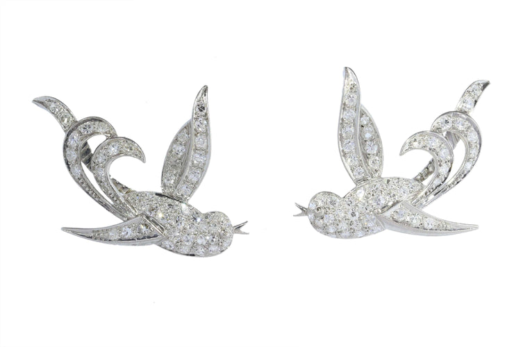 Boucles d'oreilles Boucles d'oreilles vintage Birds of Paradise, vers 1950 – Élégance joyeuse en diamants et platine 58 Facettes 25181-0294
