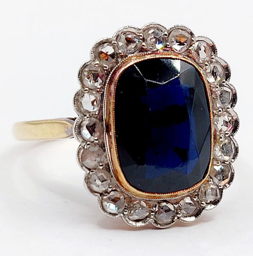 Bague 59 Bague pompadour art deco or jaune 18k pierre bleue et diamant taille rose (circa 1900) 58 Facettes A06202
