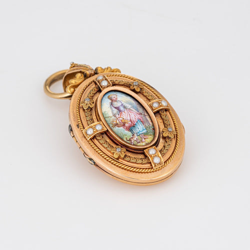 Pendentif Médaillon portrait victorien ancien en or jaune avec perles 58 Facettes G12449