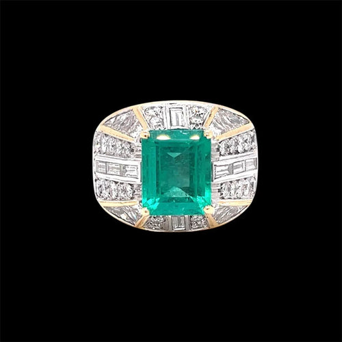 Bague cocktail en or avec diamants émeraude colombiens certifiés rétro
