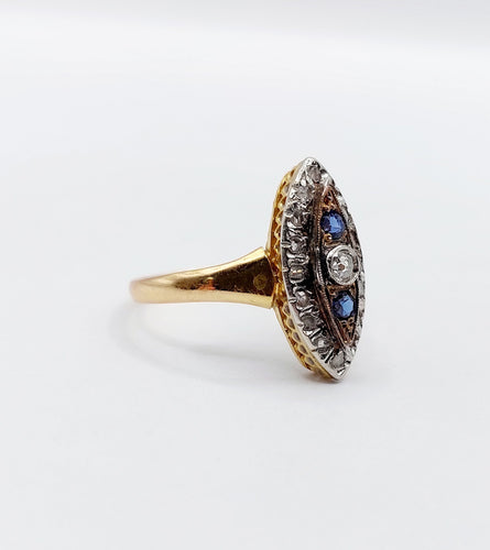 Bague 52.5 Bague marquise antique or jaune et platine, diamants et saphirs 58 Facettes A05575