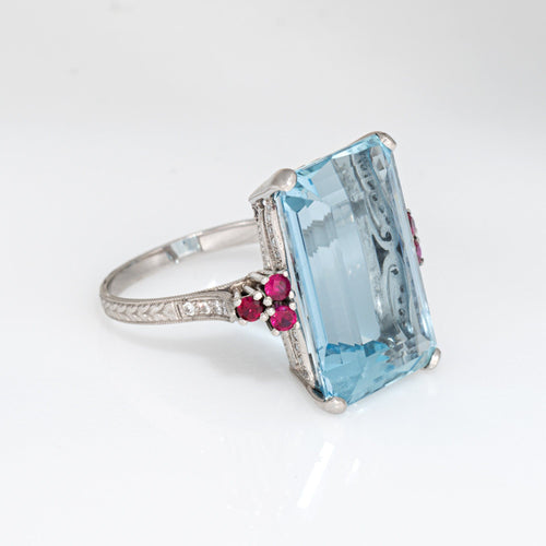 12ct Aquamarine Ruby Ring Platinum Sz 7.25 Cocktail Emerald Cut Fine Jewelry 58 Facettes G13868