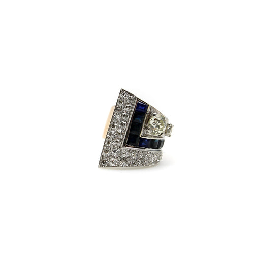 Art Deco Platinum Topped Diamond and Sapphire Ring with 14K Gold Shank